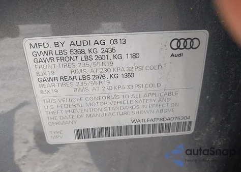 2013 Audi Q5 2.0T Premium from USA, damaged, VIN WA1LFAFP8DA075304
